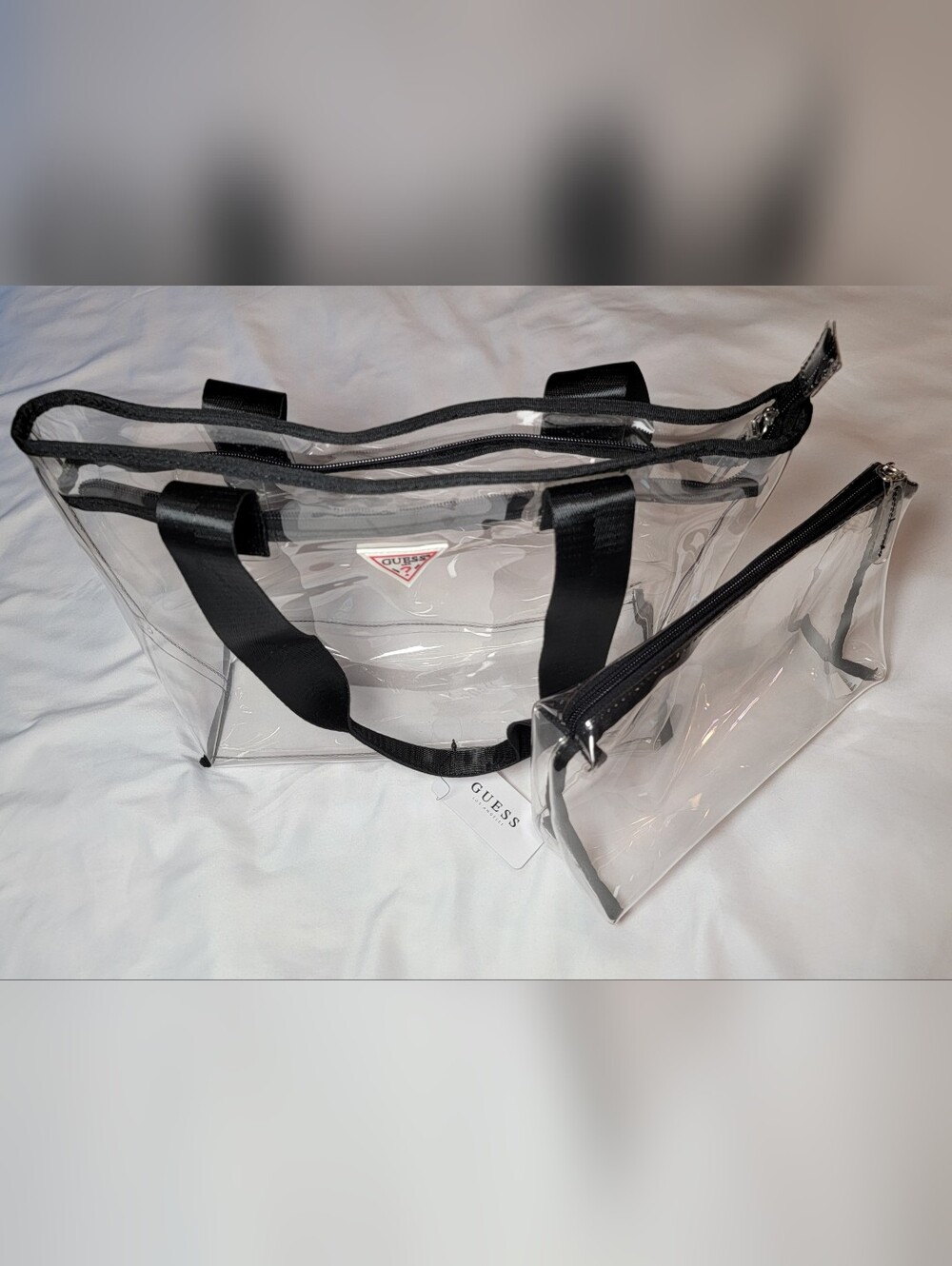 Guess Clear Tote with Black Trim and Matching Zip Pouch